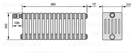 Схема (чертеж) Радиатор Zehnder Charleston 6030/15 №V012 Белый глянцевый RAL 9016